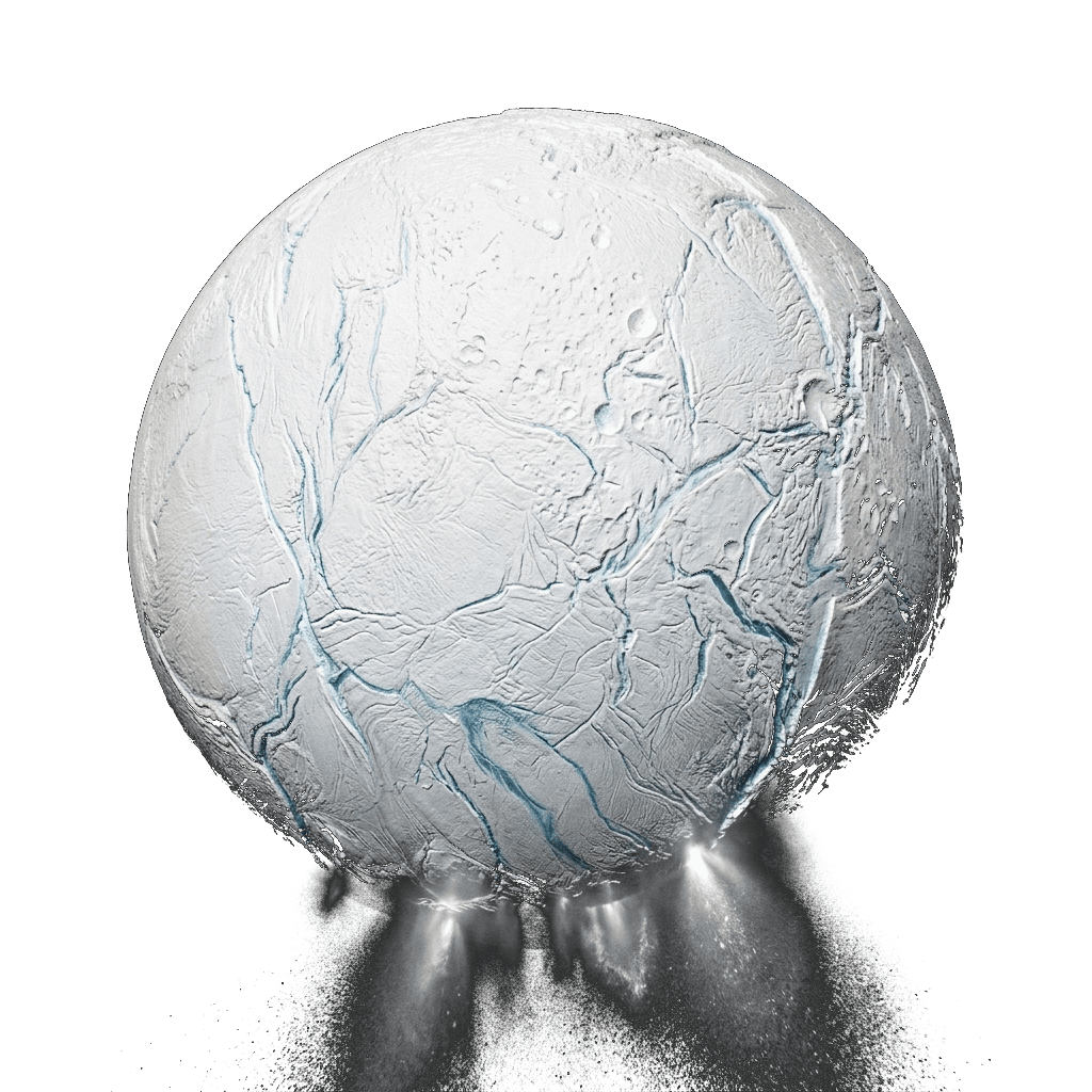 Saturnmånen Enceladus, kritthvit med fontener av vanndamp ved sørpolen
