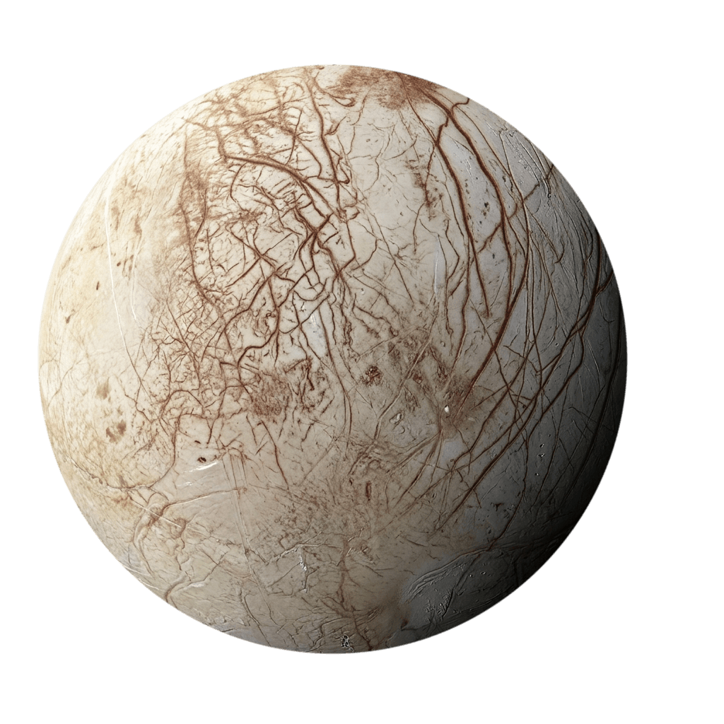 Jupitermånen Europa med hvitt isskall og rødbrune sprekker