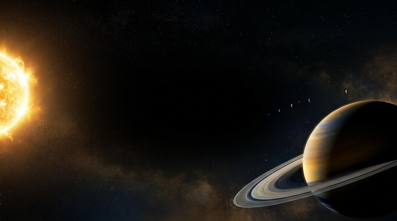 Solen lyser opp en ringplanet i det dype verdensrommet