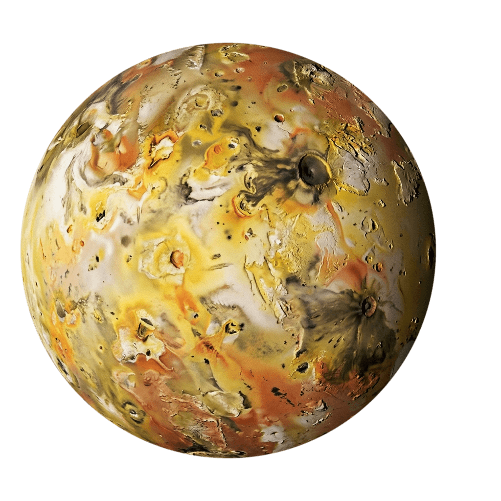 Jupitermånen Io med gul, oransje og svart vulkansk overflate