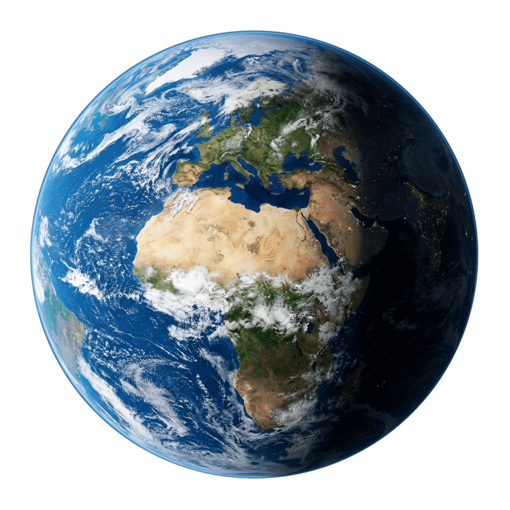 Jorden sett fra verdensrommet med blå hav, hvite skyer og Afrika