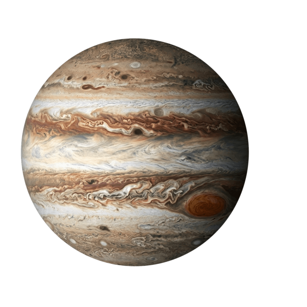 Jupiter med brune og kremfargede skybelter og Den store røde flekken