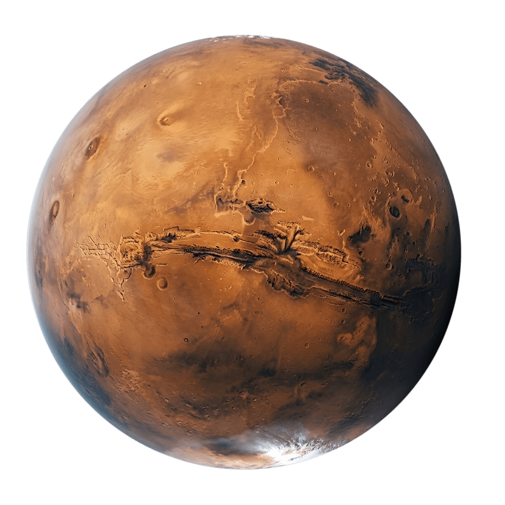 Mars, rustrød med en lang kløft over midten og hvit polkappe