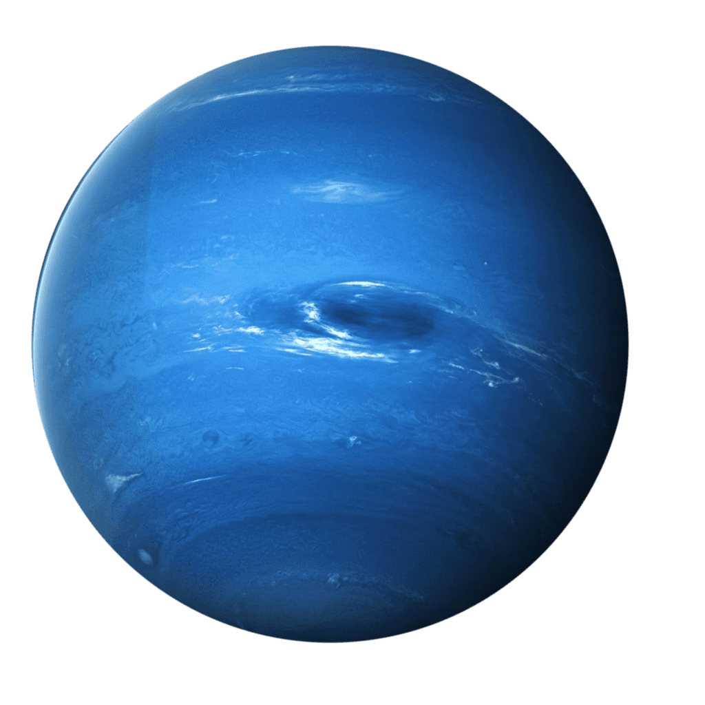 Neptun, dypblå med en mørk stormflekk og hvite skyer