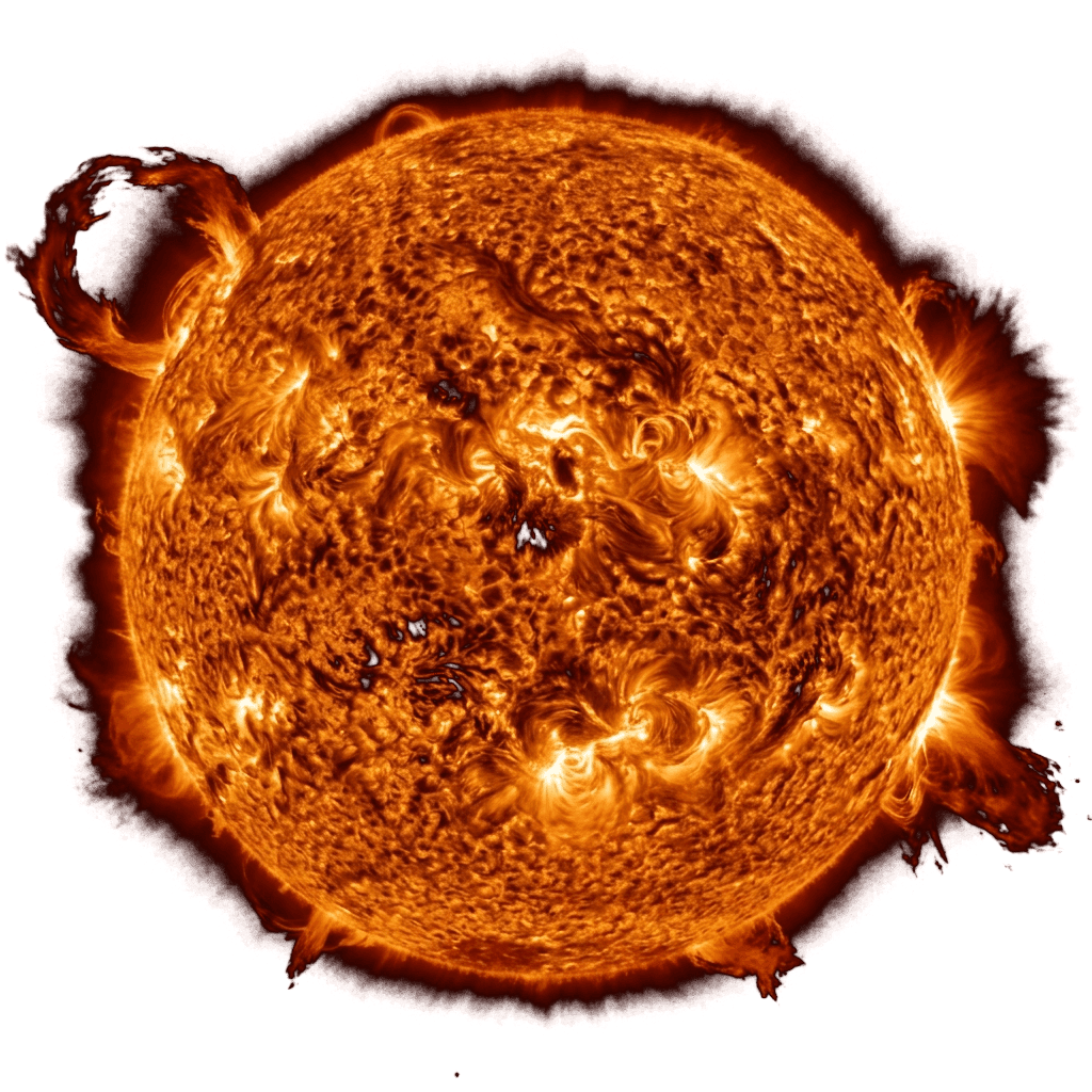 Solen med glødende plasma og soleruptive buer langs kanten