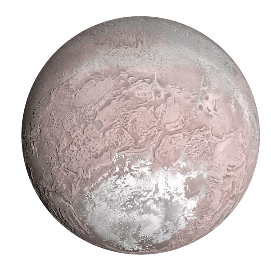 Neptunmånen Triton med rosa og grå frossen nitrogen