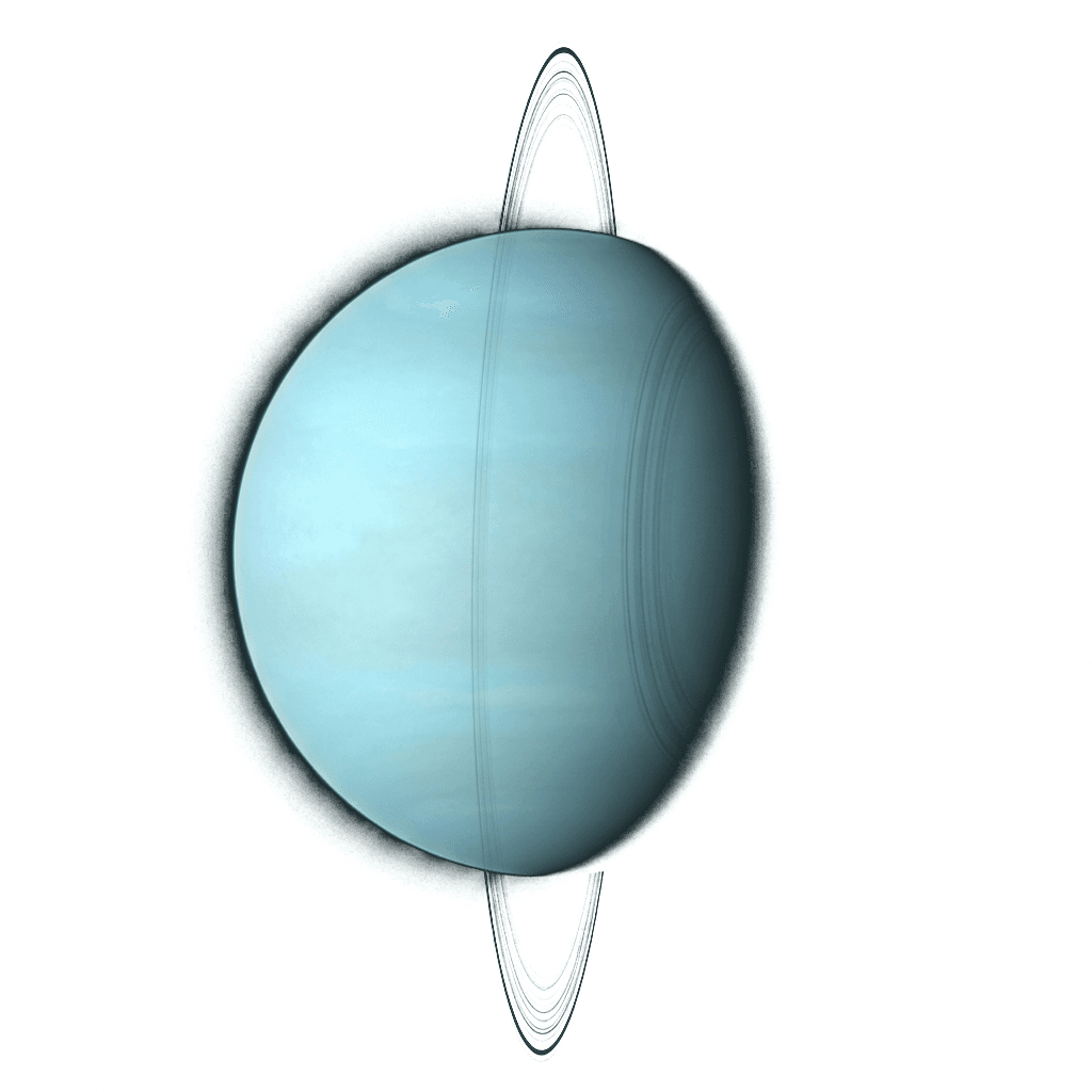 Uranus, en blekt blågrønn klode med svake ringer